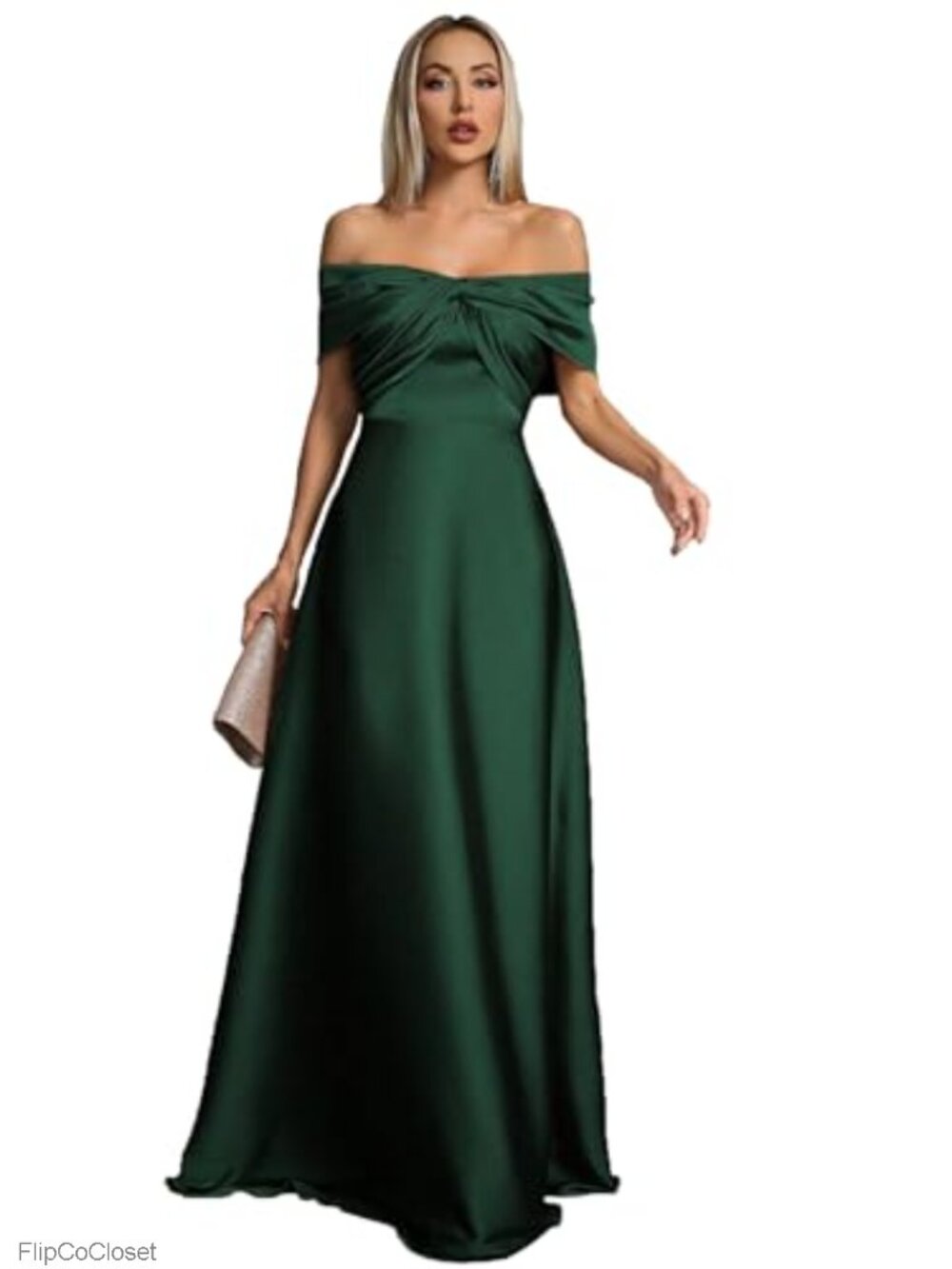 Off Shoulder Satin Maxi Dress with Twist Front Ruched Formal Evening Gown